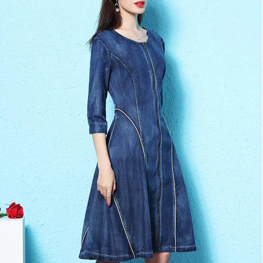 

2019 spring new fashion o-neck denim dress retro half sleeve zipper women slim jeans dress a-line