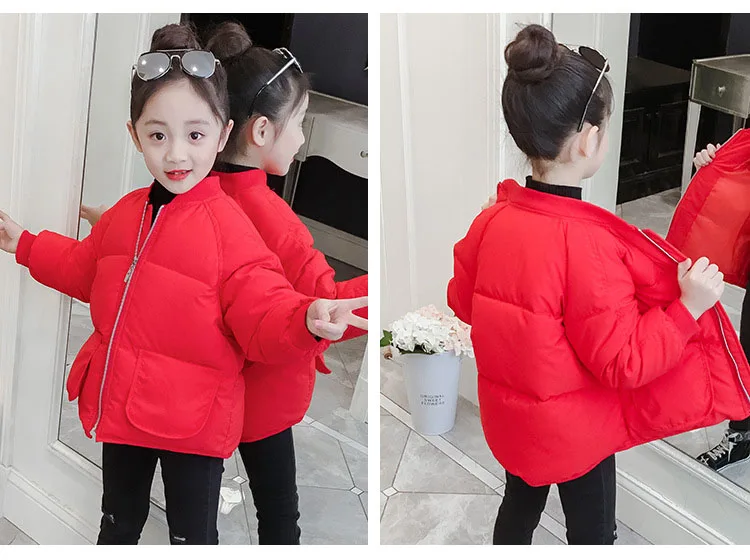 Children's Parkas Solid V-neck Zipper Cotton Jacket For Big Girls Winter Coat Kids Warm Thick Tops Baby Girl Padded Outerwears (21)