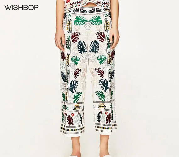 Lateral Pantalones Bordado Pierna Calidad Blanca Con Étnica Cremallera Hojas Recortada Pants De Mujer Colores Alta Ancha 2017 Wishbop 7xqUwpX6q