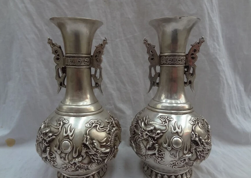 

song voge gem S5507 11" China Silver JiXiang Dragon Head Ball Statue Set Bronze Twin Pot Vase Pair