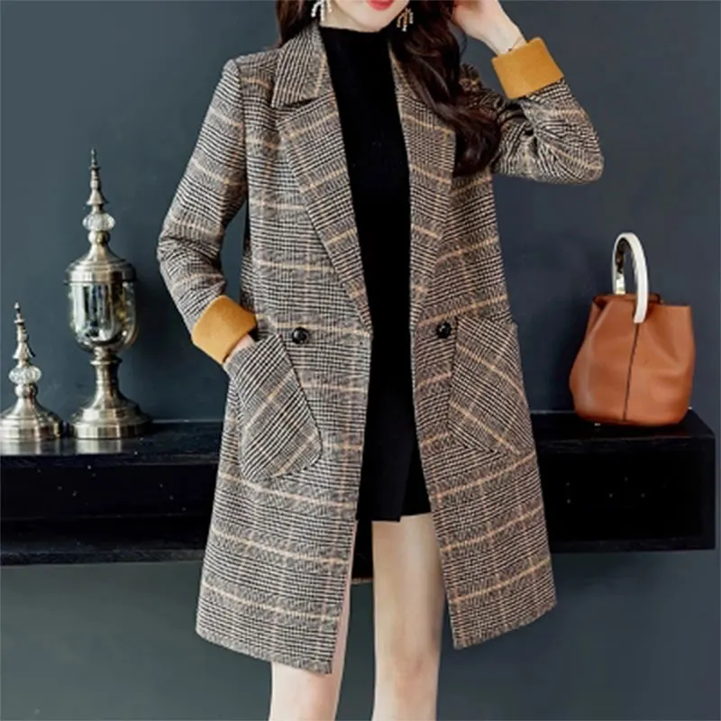 

Mid-long Plaid Woolen Blend Coat Women Suit Collar Double-breasted Pockets Woolen Coats Ladies Fashion Elegant Outwears New