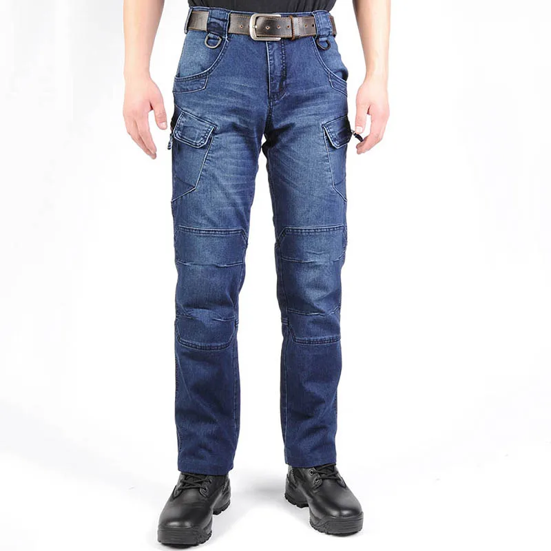 Mcikkny Men's Cargo Casual Jeans Pants With Multi-pockets Motorcycle Denim Trousers Military Style For Men's Outdoor Jeans Blue (13)