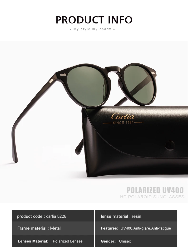 Carfia, поляризационные Винтажные Солнцезащитные очки, классические, фирменный дизайн, Gregory Peck, круглые солнцезащитные очки для мужчин и женщин, солнцезащитные очки,, UV400, 5288
