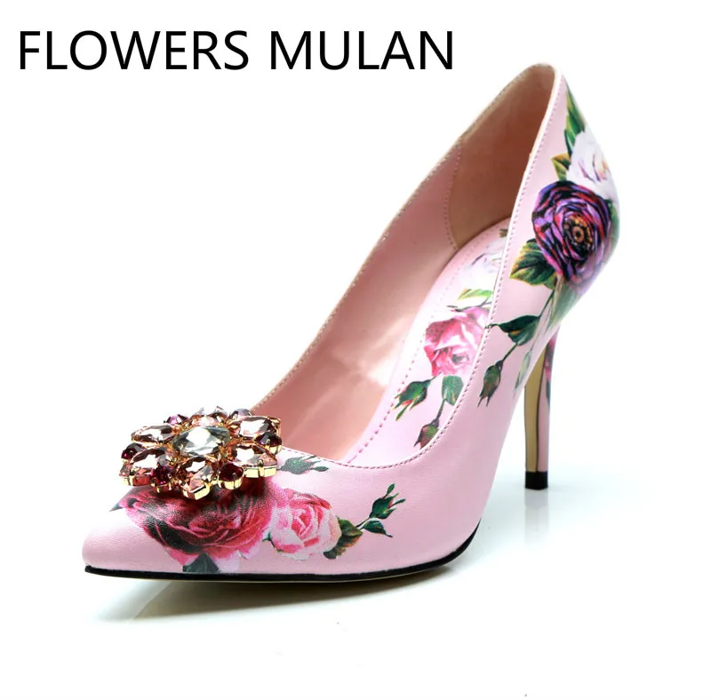 

Italian Rhinestone Buckle Floral Print Women Pumps Pink Pointed Toe High Heels Ladies Crystal Shoes Party Wedding Dress Pumps