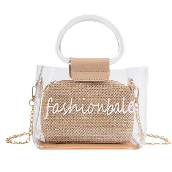 

Straw Weaving Letter Print Transparent Bag For Women Chain Summer Beach Bag Lady Ring Handle Shoulder Bag Mini Handbag
