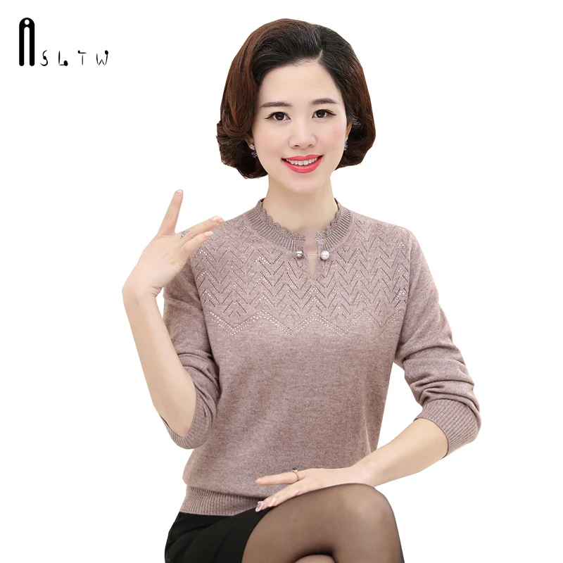 

ASLTW Cashmere Pullover Women Autumn Causal Solid Hollow O Neck Sweater Plus Size Long Sleeve Female Sweater