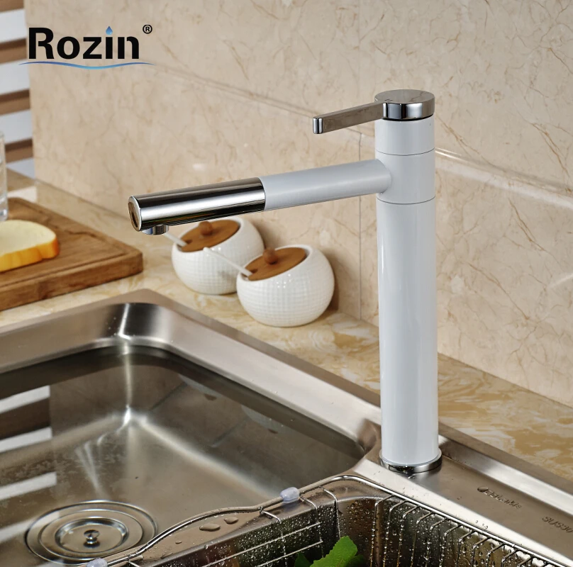 

Grilled White Paint Countertop Bathroom Kitchen Sink Faucet Deck Mount Single Handle 360 Swivel Spout