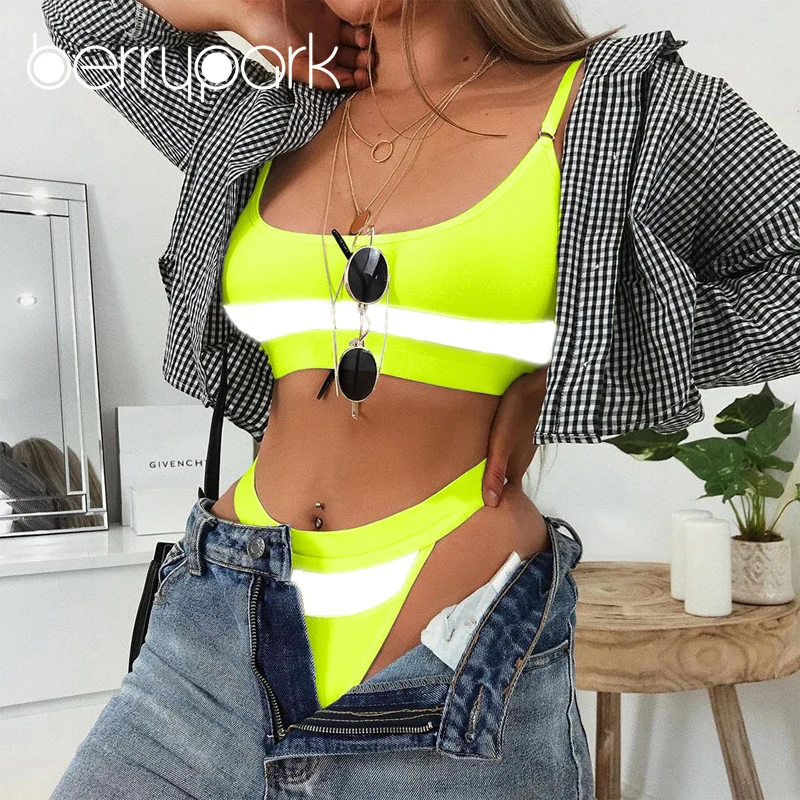 

BerryPark Neon Green Reflective Bikini Set Swimsuit Women Swimwear Summer Swimming Suit Beach Night Party Wear 2019 Dropshipping