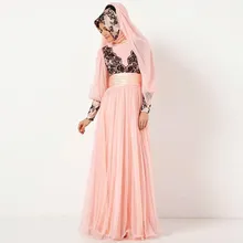 Chiffon Appliques Long Sleeves Dubai Muslim Kaftan Abayas Arabic Evening Robe Islamic Dresses For Woman Hijab Evening Dresses