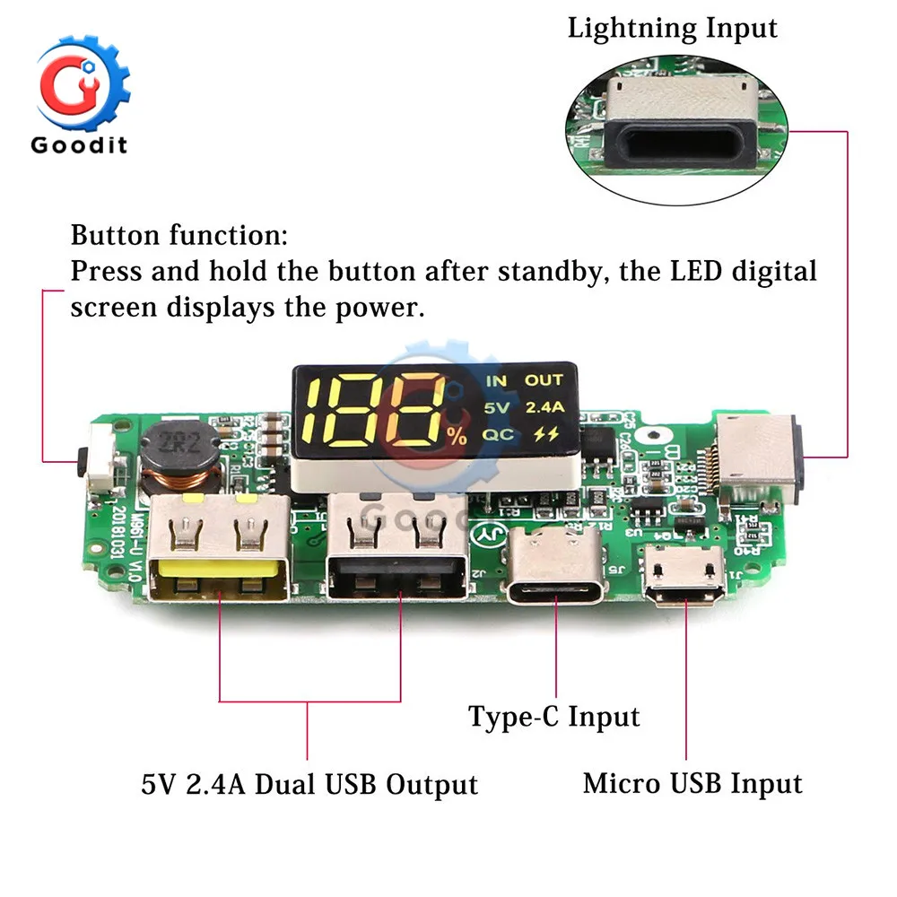 QC Быстрая вспышка светодиодный светильник с двумя USB Micro type C power Bank 18650 литиевая зарядная плата защита от перезаряда