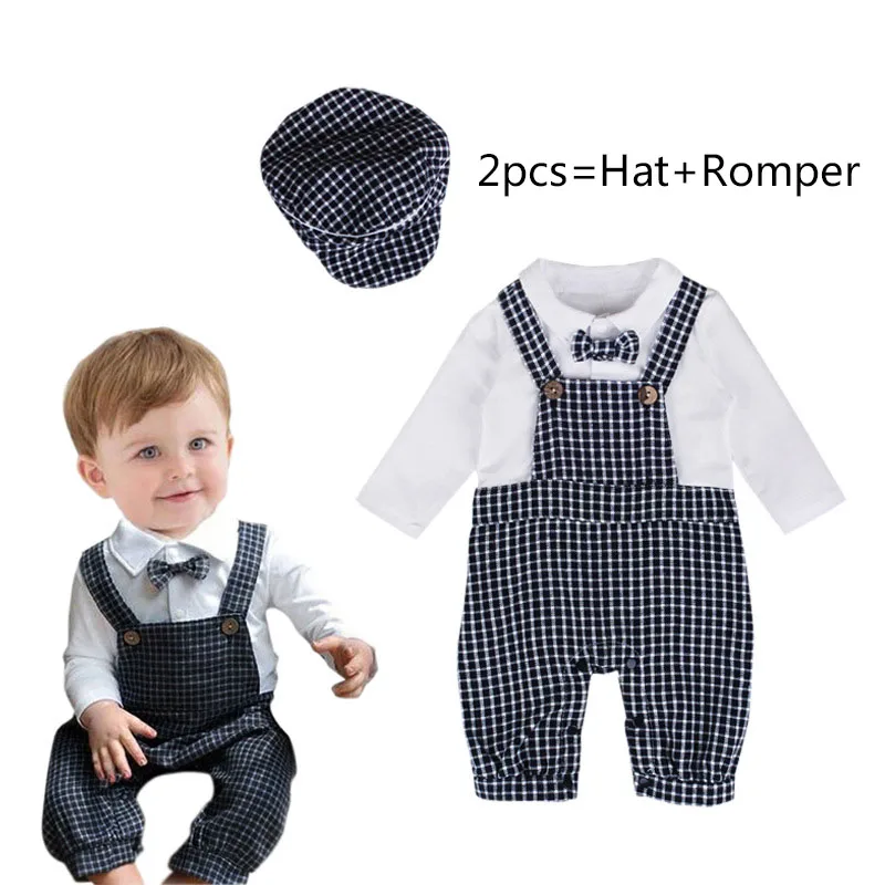

Age0-24m Autumn Boys Clothes Long Sleeved 2pcs Hat Gentleman Checks Bowknot Rompers Infantil First Birthday Party Costume Ku31