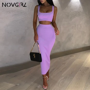 Novgril Rib Knit Two Piece Set Dress Women 2019 Summer Neon Vest Crop Top and Long Skirt 2 Piece Suit Sexy Club Party Midi Dress marled knit crop top with split skirt