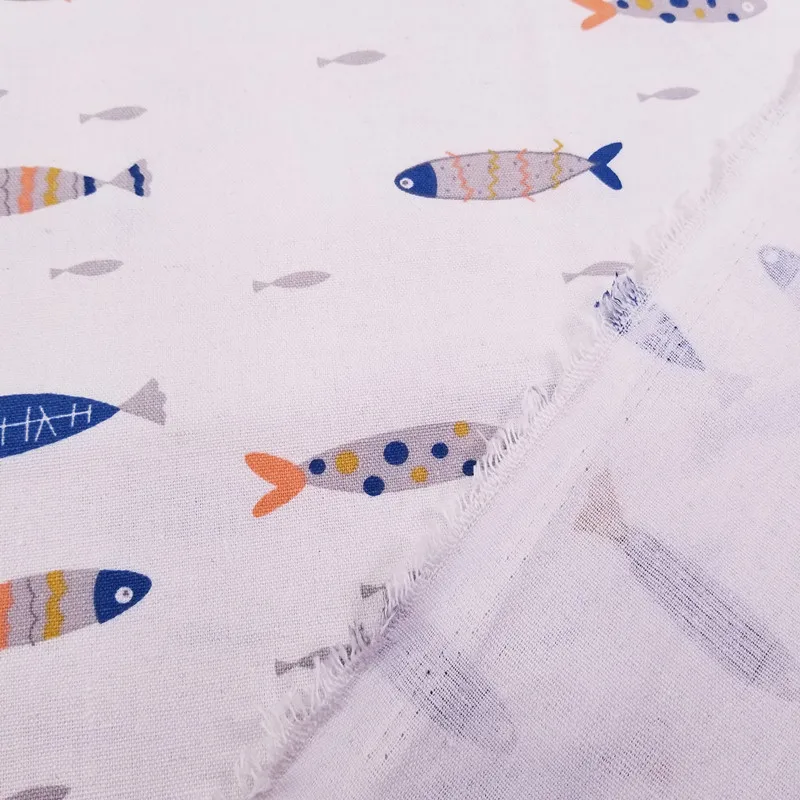 Хлопковая и льняная ткань с принтом рыбы для самостоятельного шитья, обивки дивана, штор, скатерть, хлопковый материал