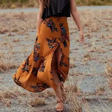 Винтаж Boho печати Асимметричный элегантный Разделение длинная юбка Костюмы Высокая талия юбка Для женщин пляжные свободные макси Юбки для женщин летние