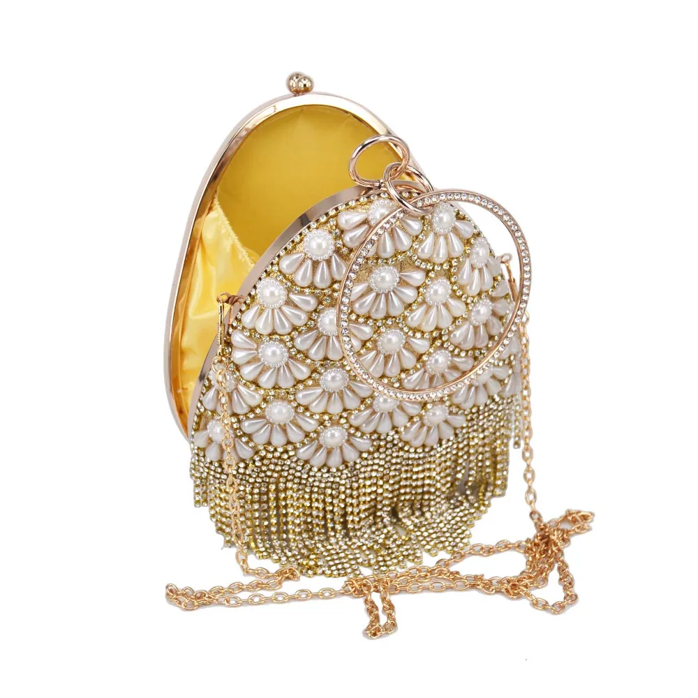 В форме ракушки золотые хрустальные вечерние клатчи жемчужные бусины женские ремешки для сумки Вечерняя Сумка Женский кошелек сумки YX1199-7