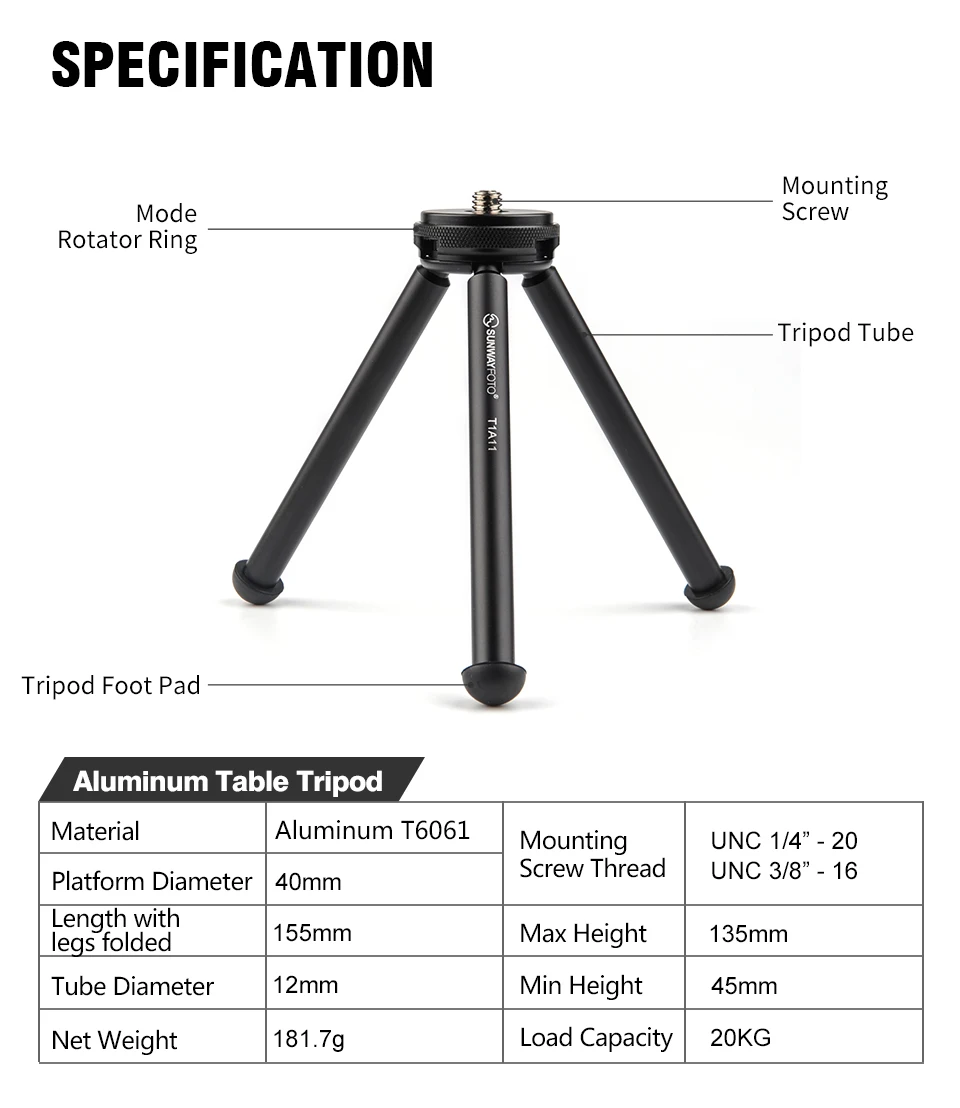 SUNWAYFOTO T1A11 II Профессиональный мини планшет Настольный штатив подставка для мини камеры смартфон штатив DLSR с креплением аксессуары