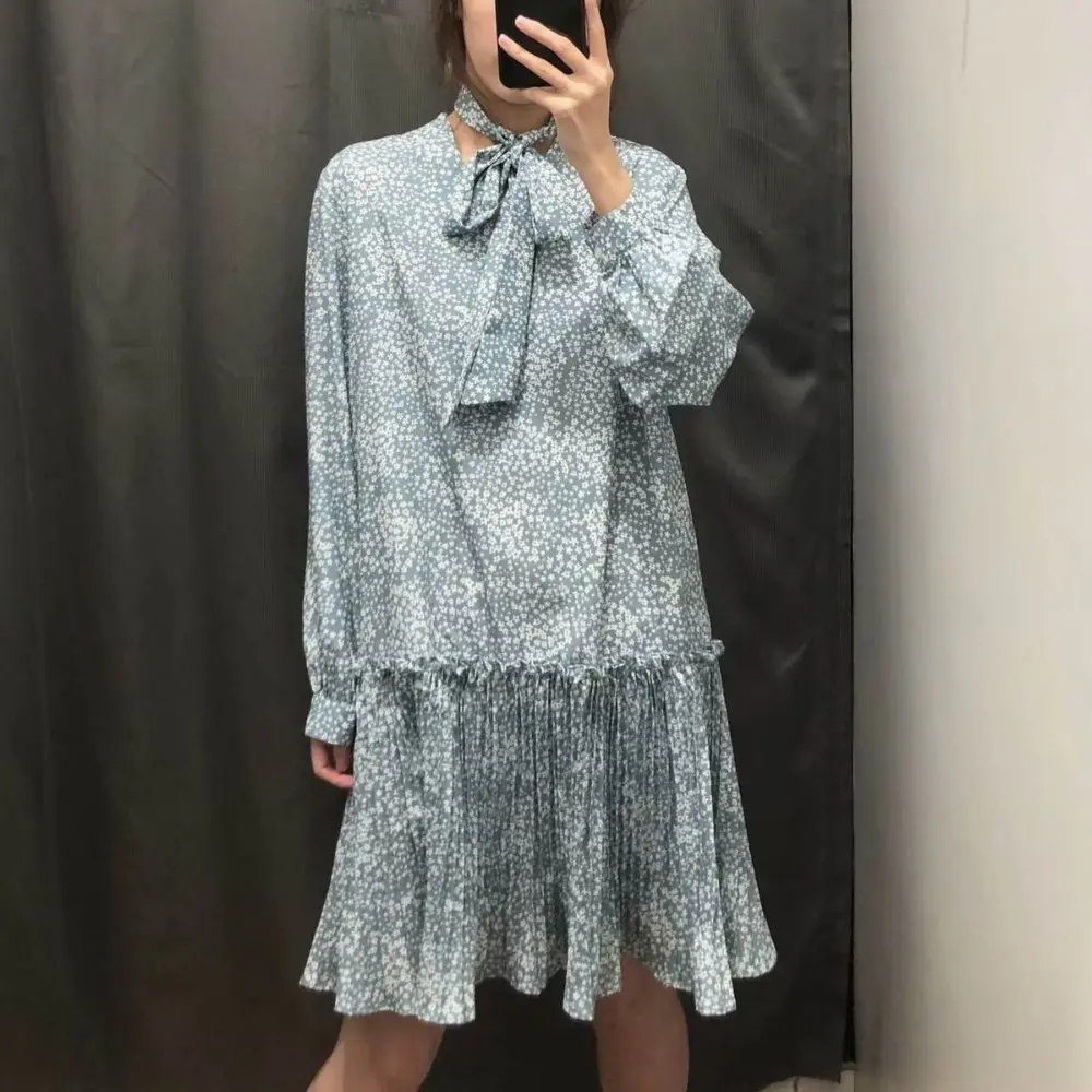 2019 za summer Women floral print dress za pleated print dresses vestidos tie bow Women Clothing vestidos