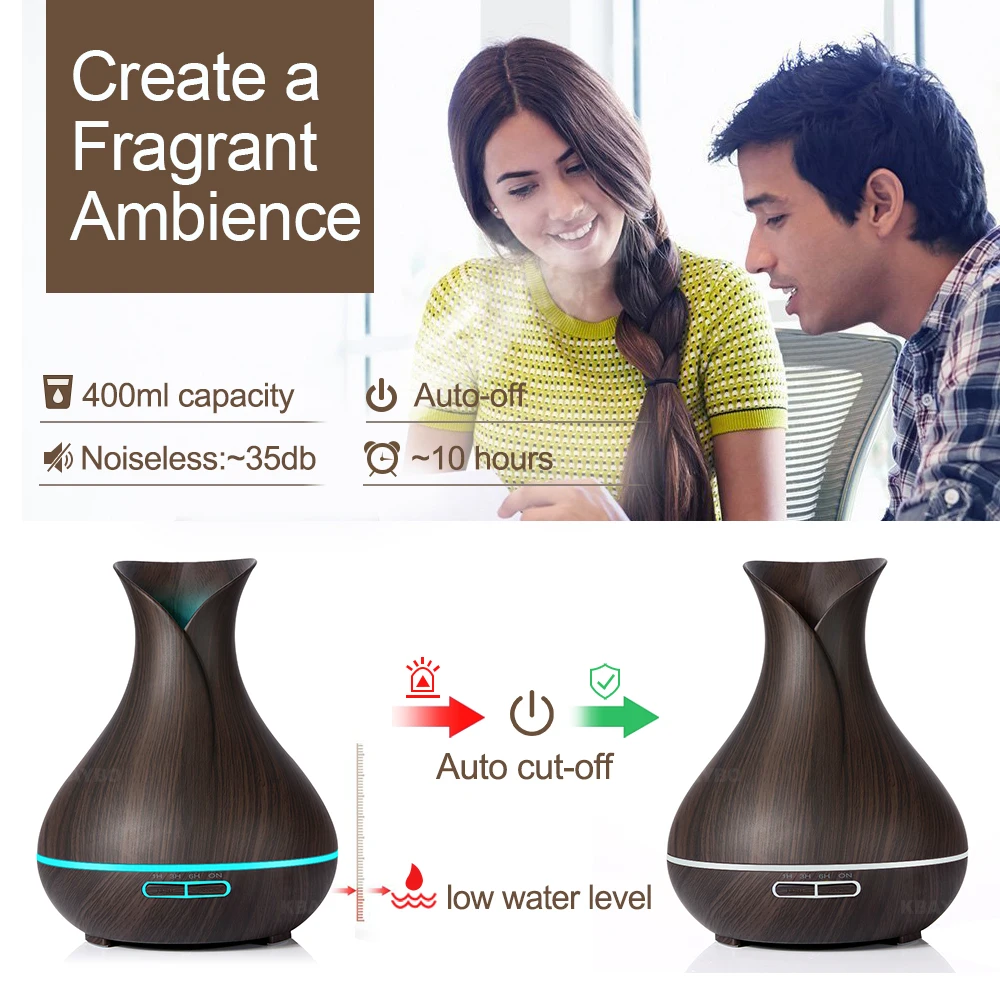 Billige KBAYBO 400ml Luftbefeuchter Ätherisches Öl Aroma Diffusor holzmaserung Aromatherapie Nebel Maker mit LED Licht für Home Office