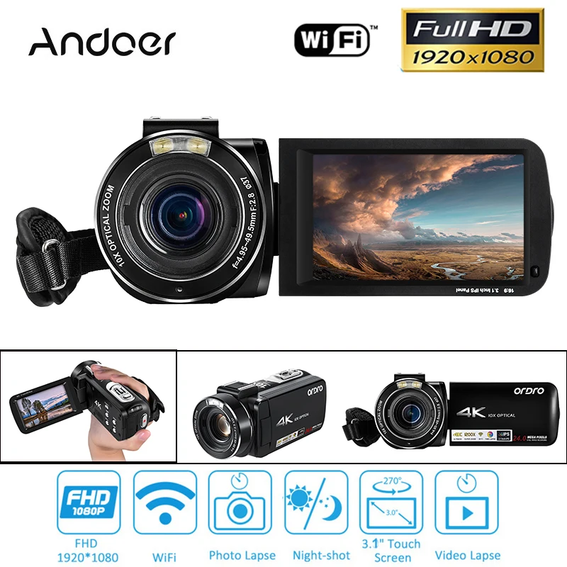 Ordro AC7 4K UHD цифровые видеокамеры FHD 24MP 120X цифровой зум 10X оптический WiFi IPS сенсорный