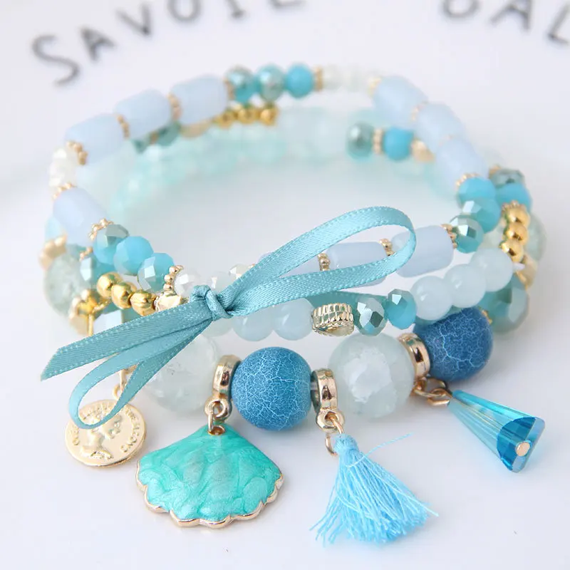 

DIEZI Korean Fashion Shell Moon Tassel Beaded Bowknot Bracelets for Women Elastic Rope Bracelet Party Gift pulseira feminina