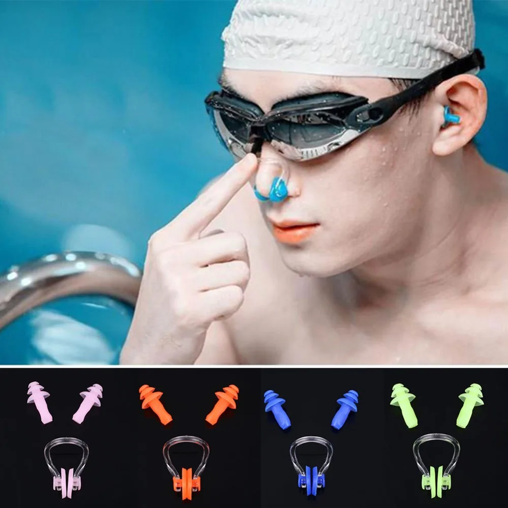 Soft Silicone Swimming Nose Clips + 2 Ear Plugs Earplugs Gear Water Sports Waterproof Set Silicone Earplugs Nose Clip