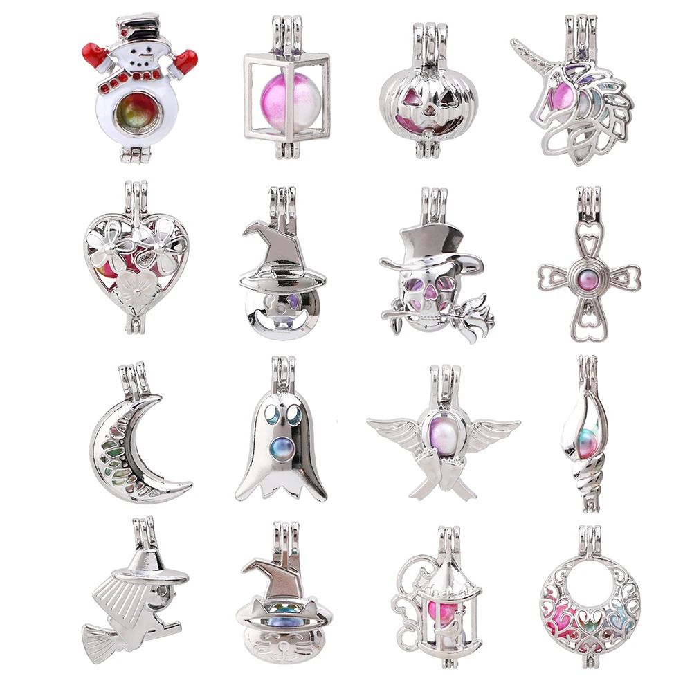 

1pc Silver Plated Snowman Unicorn Conch Skull Ghost Pearl Cage Bead Cage Pendant Essential Oil Diffuser Lockets Jewelry Making