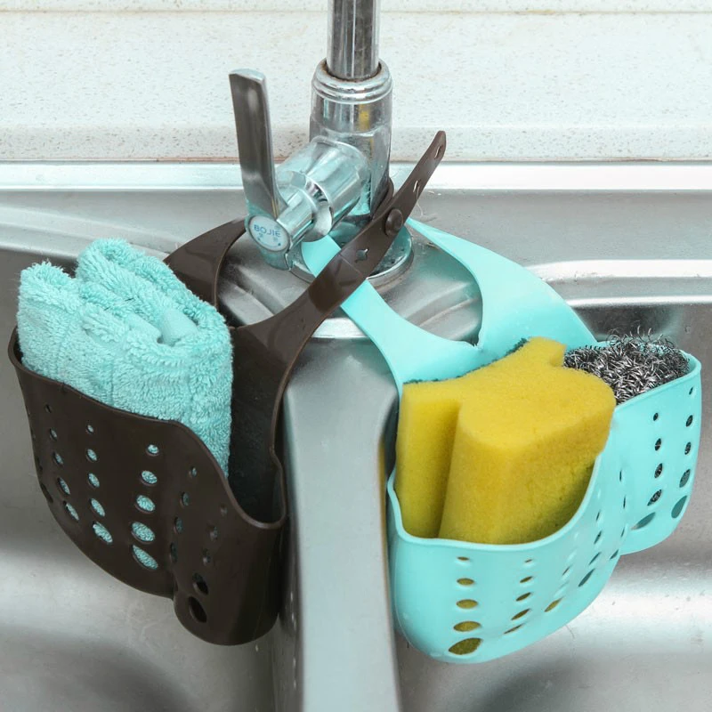 

Eco-friendly Kitchen Sink Sponge Storage Hanging Basket Bathroom Accessory Adjustable Snap Sink Sponge Storage Rack