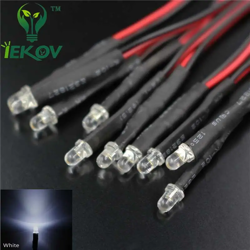 50 шт. LED диоды 3 мм 12 В Предварительно Проводные белые красные синие зеленые желтые