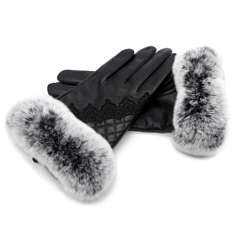 JKP Women's Leather Gloves Winter Warm Real Sheepskin and Real Fox Leather Gloves Fashion Style Natural Big Fluffy Fur