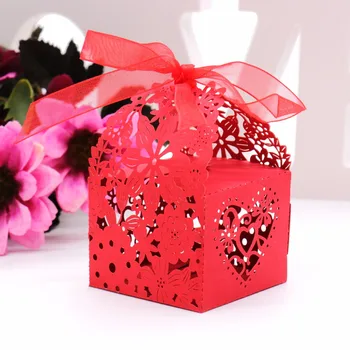 

50Pcs/lot Candy Box With Ribbons Flower Heart Hollow Laser Cut Favor Bags Gift Favor For Wedding Birthday Party Decoration