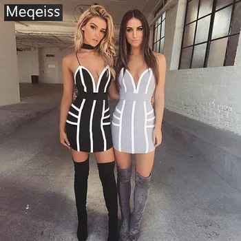 

MEQEISS 2018 New Elegant Fashion Color Striped Choker Sleeveless Wholesale Women Celebrity Party Bandage Dress