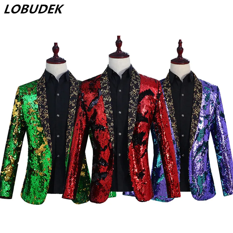 

Men Formal Suit Jackets Flipping Sequins Blazers Coat 6 Colors Fashion Slim Outerwear Prom Host Clothing Bar DJ Singer Costume