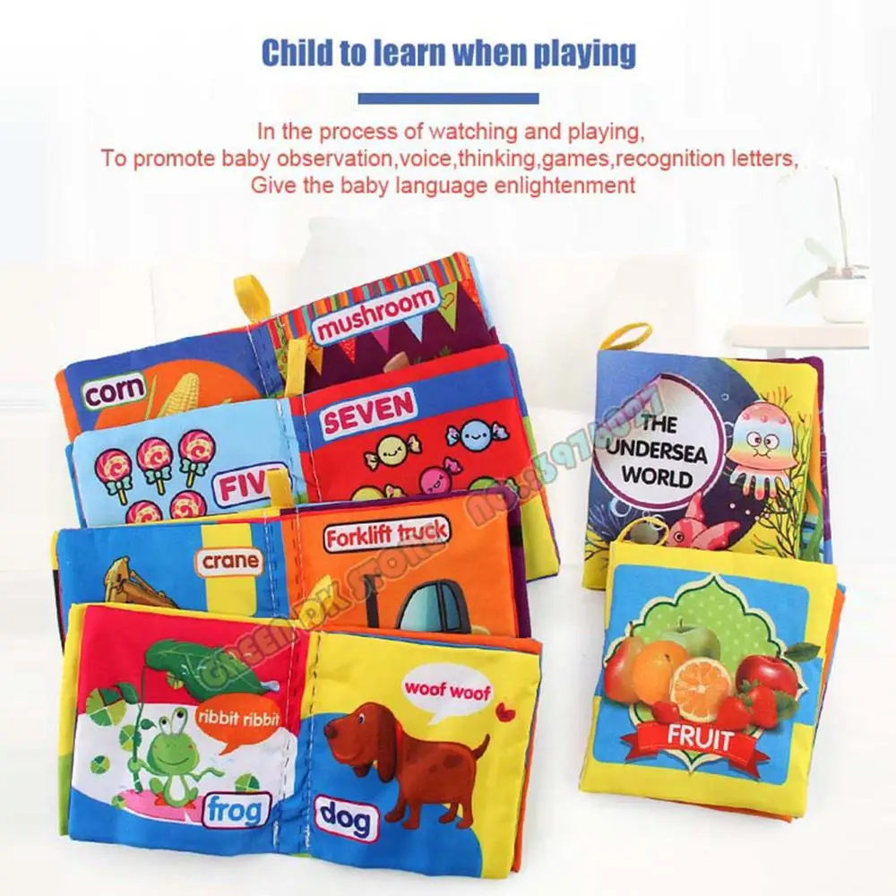 6PCS Fabric Cloth Language Baby Books Intelligent Learning&Education Cartoon Book Kids Early Learning Soft Washable Cloth Books