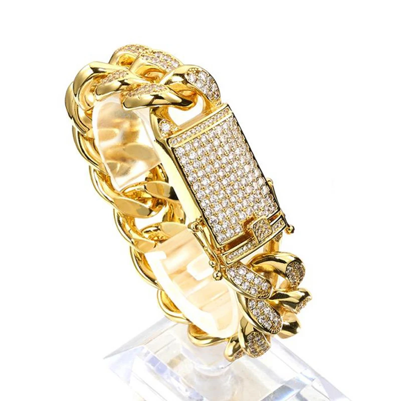18 мм хип хоп Bling Iced Out полный кубический цирконий проложили Золото Цвет Нержавеющая сталь кубинские звенья цепи браслеты для мужчин рэппер ювелирные изделия