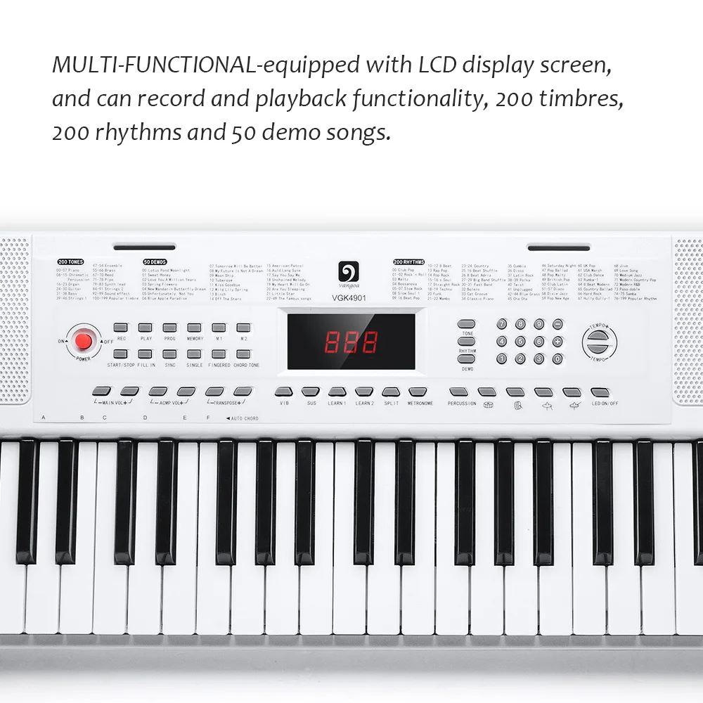 Белый 49-клавишная ЖК-дисплей Экран дисплея электронное пианино клавиатура с микрофоном и Мощность адаптер