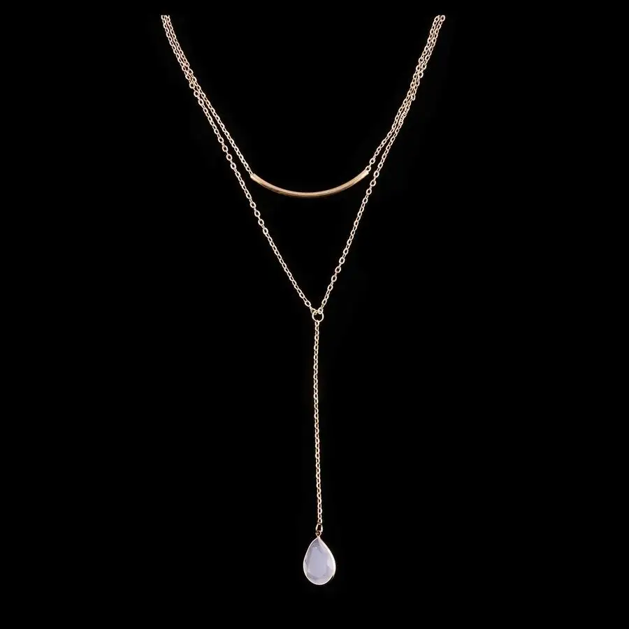 

New Desgin Water Drop Moonstone Pendant Necklace For Women Double Layer Thin Chain Choker Tube Necklaces Jewelry
