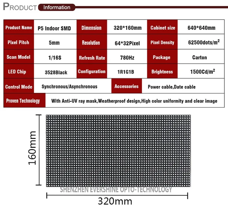 Evershine P5mm Крытый полный Цвет SMD3528 светодио дный дисплей модуль 1/16 Размер сканирования 320x160 мм