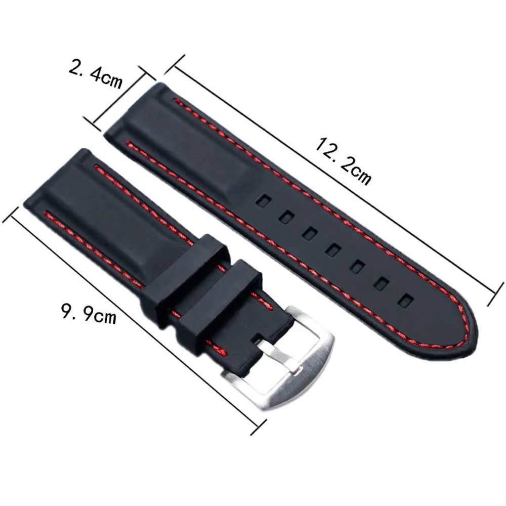 22 мм 24 мм черный силиконовая резина Смотреть ремешок Сталь Пряжка красной нитью линии шить Дайвинг Замена мужские