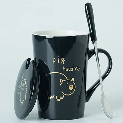 Кошачий коготь чашка креативная керамическая чашка для воды с покрытой ложкой кофейная чашка тренд милый для мужчин и женщин студентов - Цвет: Pig Black