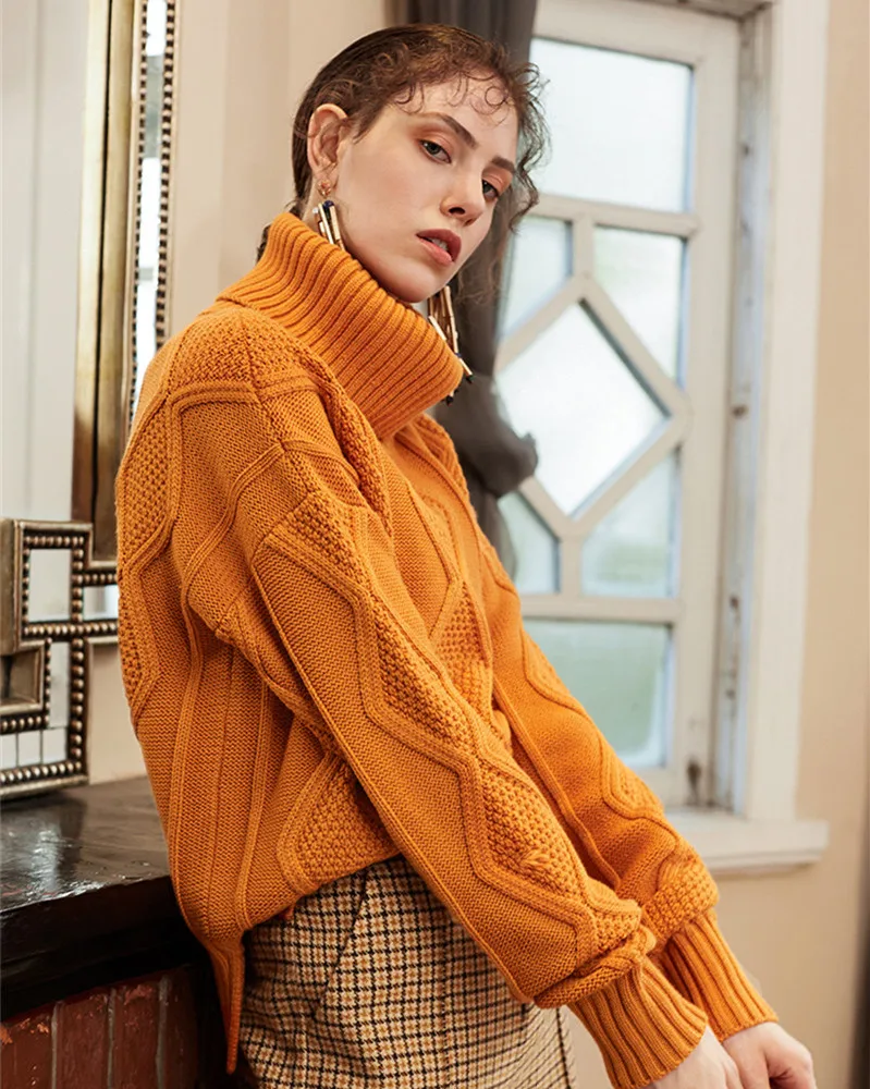  merino wool blend argyle twisted knit women fashion pullover sweater H-straight wide loose high col