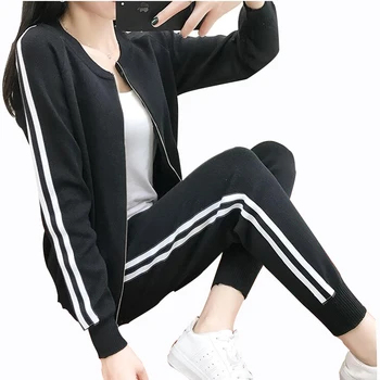 

Rlyaeiz 2018 Autumn 2 Piece Set Women Striped Knitting Cardigan + Pockets Ankle-length Pants Sporting Wear Female Tracksuit