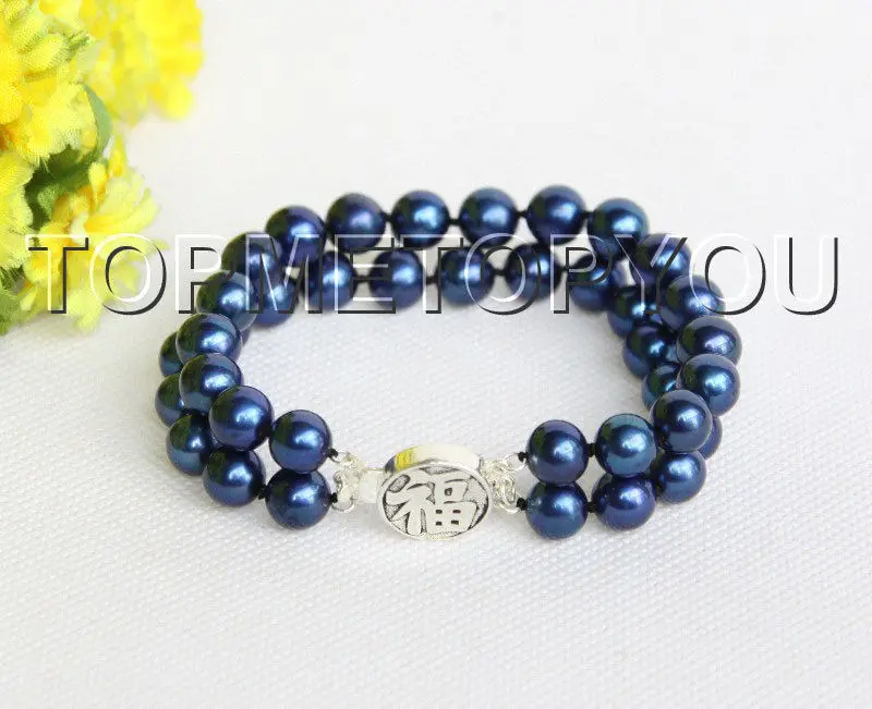 

Free Shipping >> new hot 8" 10mm 2row round navy blue freshwater pearls bracelet E3828