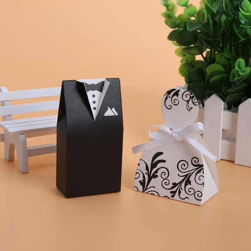 

50set/100pcs Tuxedo Dress Groom Bridal Party Wedding Favor Gift Ribbon Candy Boxes Bridegroom Bride