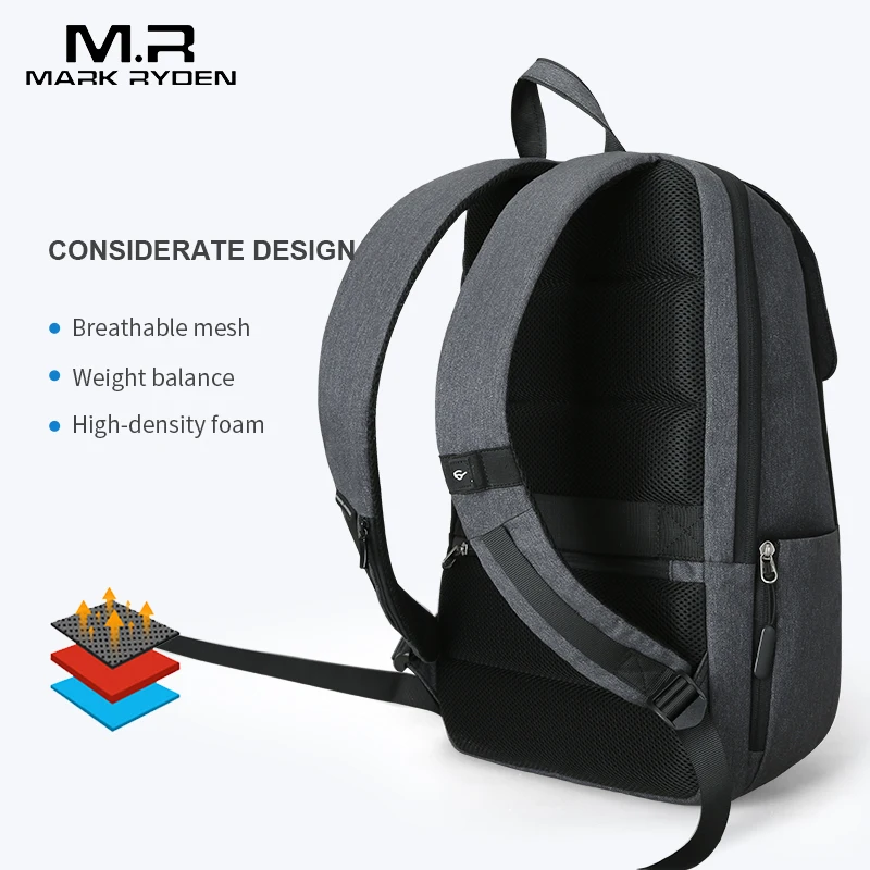 Mark Ryden hombre Mochila de carga USB 15,6 pulgadas Portátil Bolsa de la escuela para niño hombre viaje Mochila impermeable