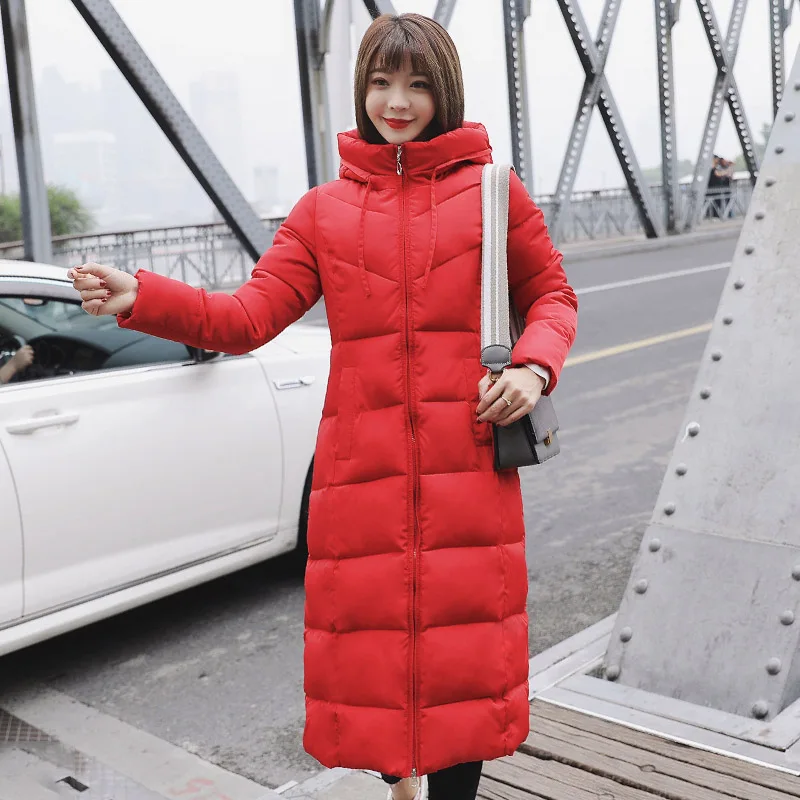 Женские зимние куртки размера плюс 4XL 5XL 6XL с капюшоном и стоячим воротником, Женское пальто с хлопковой подкладкой, зимняя женская длинная парка, теплая плотная куртка - Цвет: Красный