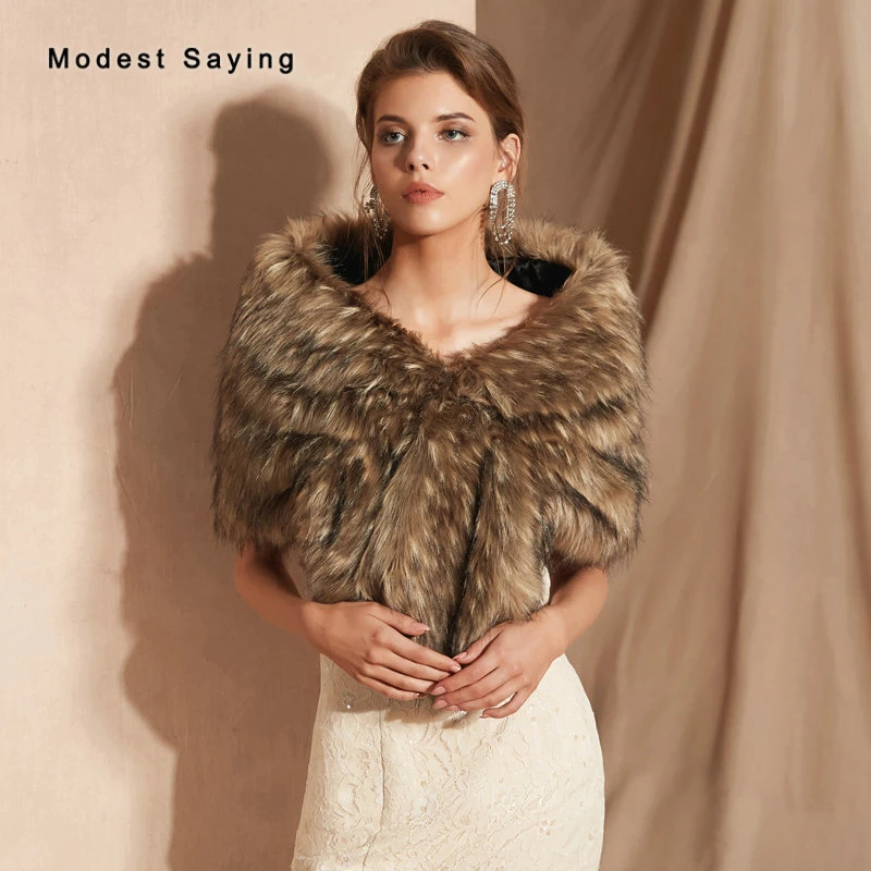 de boda de piel sintética para mujer, chal de fiesta, estolas de pelo, accesorios de boda cálidos, color marrón, de 2019|Chaquetas de boda/Envolvente| - AliExpress