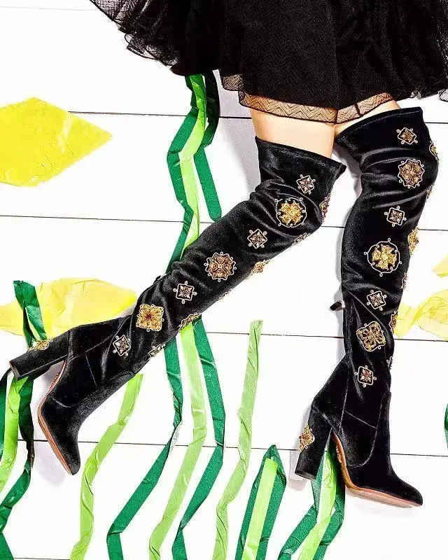 

2017 New Arrival Party Dress Shoes Women Round Toe High Heel Promotion Autumn Winter Botas Mujer Embroidery Thigh High Boots