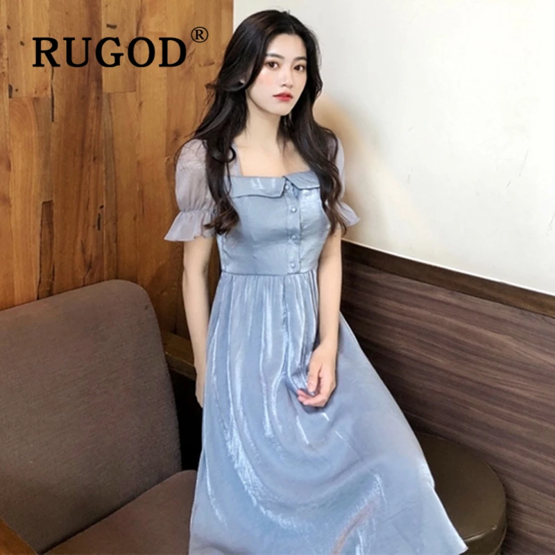 

RUGOD Office ladies Floodlight midi dress Elegant puff sleeve soft summer party dresses vestidos Fashion Female clothing 2019