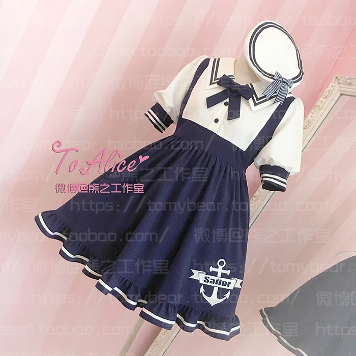 

Kawaii Girls Sailor Collar Navy Style Short Sleeve Summer Dress Anchor Embroidery Bowknot Pin Cute Preppy Style One Piece