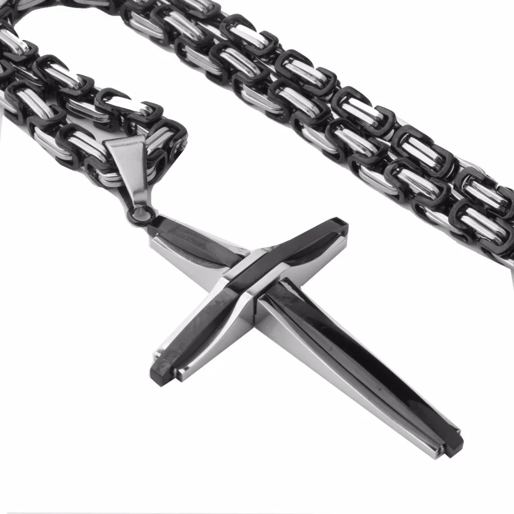 Cross Pendant Necklace Stainless Steel Link 5mm Byzantine Chain Silver